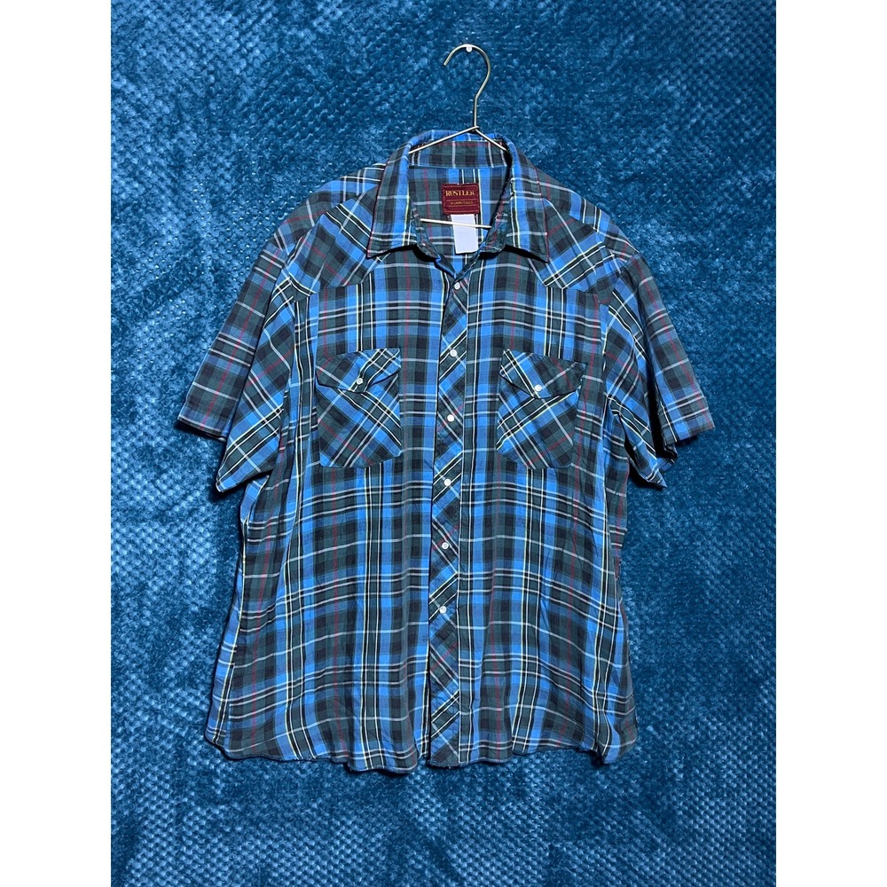 blue plaid pearl button up‎